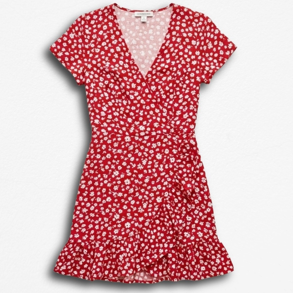 J.Crew Mercantile Red Floral Faux Wrap Mini Dress Short Sleeve Ruffle Hem Size 2